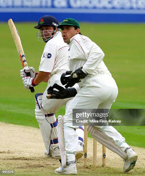 Warren Hegg of Lancashire hits out past Neil Burns of Leicestershire on hs way to 60 during the C&G Trophy semi-final match between Leicestershire...