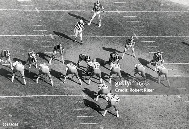 Overhead view of Dallas Cowboys game against the New York Giants at Shea Stadium on October 12, 1975 in Flushing, New York. Cowboys players include...