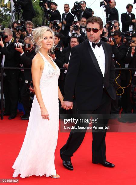 Russell Crowe and wife Danielle Spencer attend the Opening Night Premiere of 'Robin Hood' at the Palais des Festivals during the 63rd Annual...