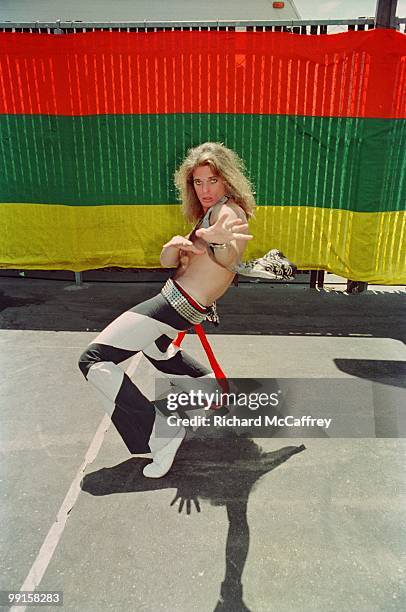 David Lee Roth of Van Halen poses outside The Oakland Coliseum in 1977 in Oakland, California.