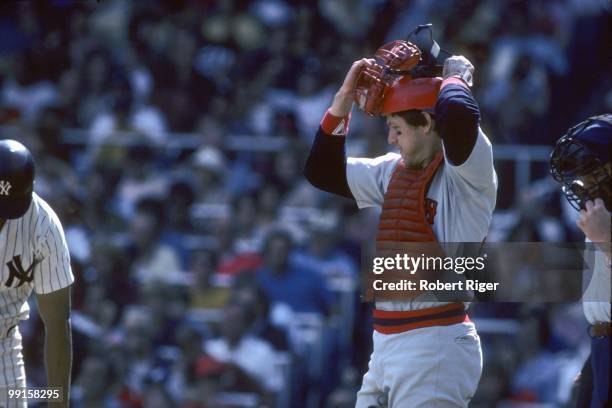 Carlton Fisk of the Boston Red Sox behind the plate during the game against the New York Yankees at Yankee Stadium on September 17, 1978 in the...