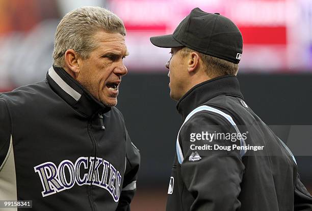 Manager Jim Tracy of the Colorado Rockies argues a call with firstbase umpire Cory Blaser in the ninth inning who then ejected Tracy against the...