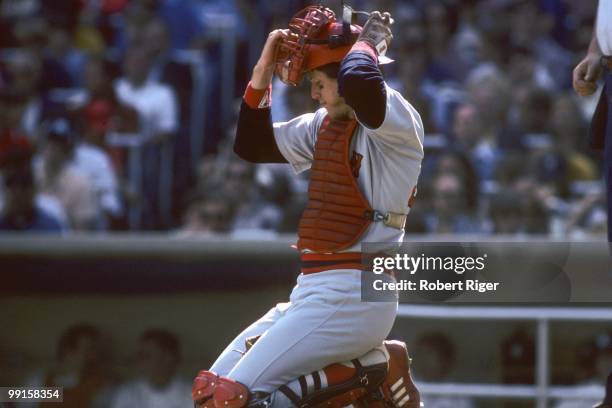 Carlton Fisk of the Boston Red Sox behind the plate during the game against the New York Yankees at Yankee Stadium on September 17, 1978 in the...