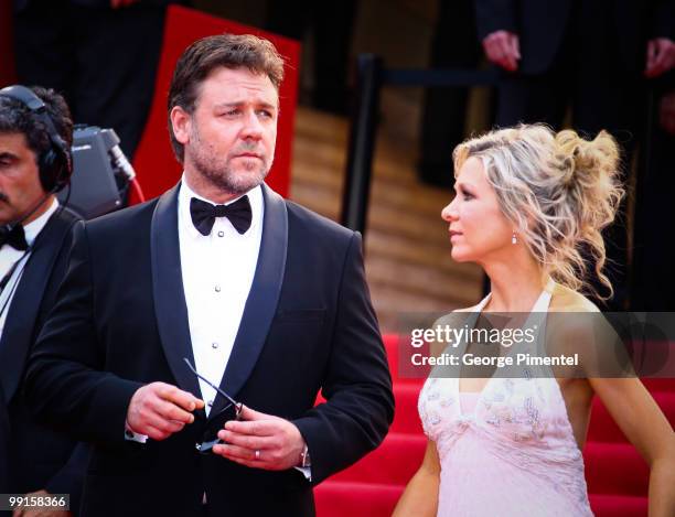 Russell Crowe and wife Danielle Spencer attend the Opening Night Premiere of 'Robin Hood' at the Palais des Festivals during the 63rd Annual...