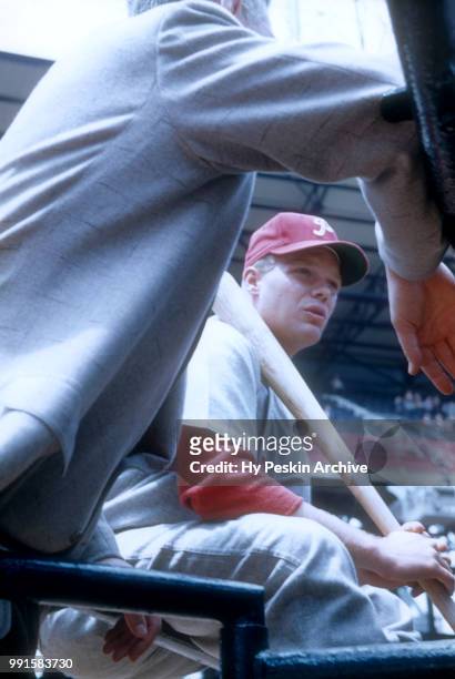Pitcher Jack Meyer of the Philadelphia Phillies sits behind the batting cage before an MLB game against the Brooklyn Dodgers on May 22, 1955 at...