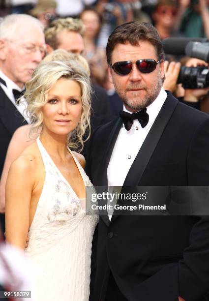 Russell Crowe and wife Danielle Spencer attend the Opening Night Premiere of 'Robin Hood' at the Palais des Festivals during the 63rd Annual...