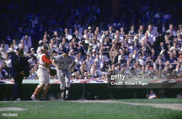 Mickey Mantle of the New York Yankees bats during a 1961 World Series game against the Cincinnati Reds at Crosley Field in Cincinnati, Ohio.