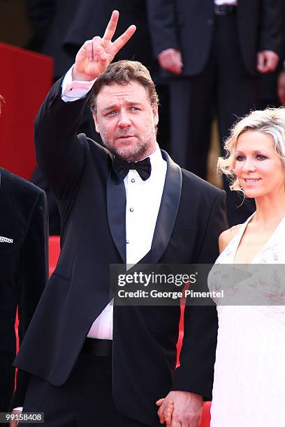 Russell Crowe and wife Danielle Spencer attend the Opening Night Premiere of 'Robin Hood' at the Palais des Festivals during the 63rd Annual...