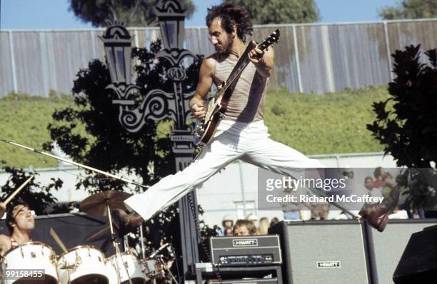 Keith Moon and Pete Townshend of The Who perform live at The Oakland Coliseum in 1976 in Oakland, California.