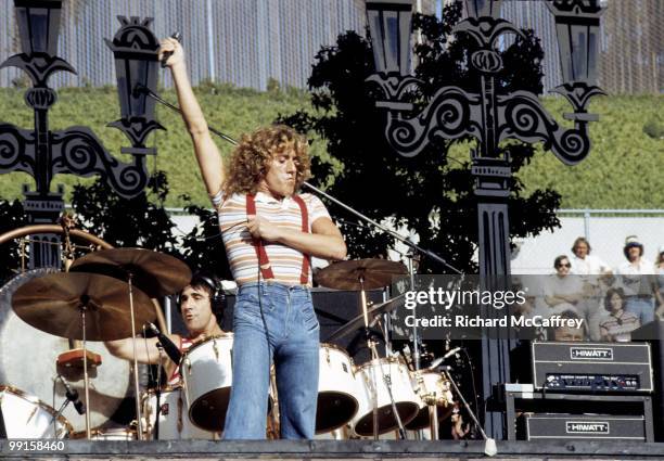 Keith Moon and Roger Daltrey of The Who perform live at The Oakland Coliseum in 1976 in Oakland, California.