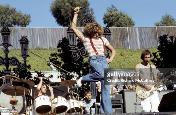 Keith Moon, Roger Daltrey and Pete Townshend of The Who perform live at The Oakland Coliseum in 1976 in Oakland, California.