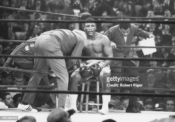 Joe Frazier sits in the corner between rounds during the World Heavyweight Championship against Muhammad Ali at Madison Square Garden on March 8,...