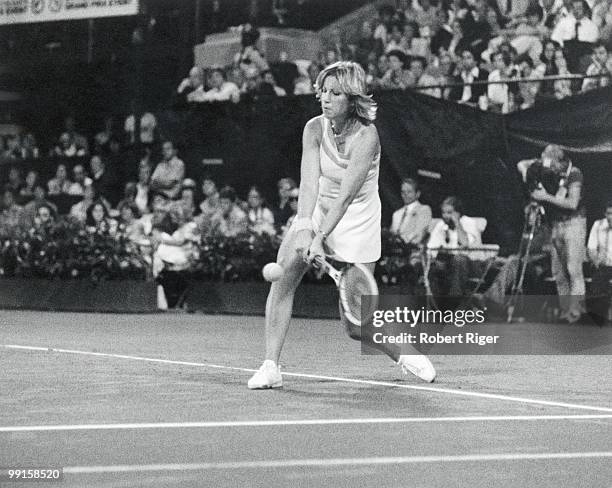 Chris Evert hits a backhand, circa 1970s.