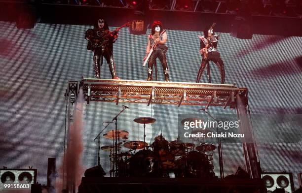 Gene Simmons, Paul Stanley and Tommy Thayer of Kiss performs at Wembley Arena on May 12, 2010 in London, England.