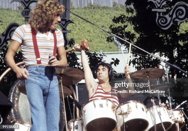 Roger Daltrey and Keith Moon of The Who perform live at The Oakland Coliseum in 1976 in Oakland, California.