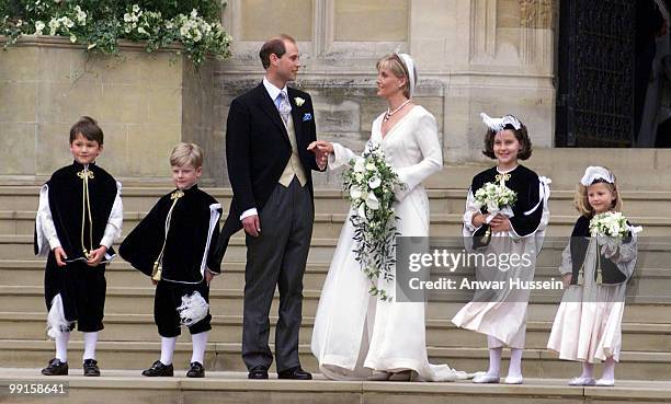 Edward and Saphie, the new Earl and Countess of Wessex on their wedding day in Windsor on June 19, 1999.