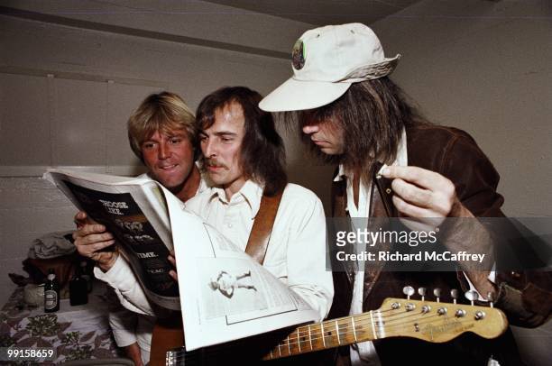 Bob Mosley, Jeff Blackburn and Neil Young of The Ducks backstage at The Catalyst Club in 1977 in Santa Cruz, California.