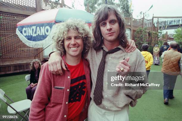 Sammy Hagar and Eddie Money pose for a picture at The Oakland Coliseum in 1979 in Oakland, California.