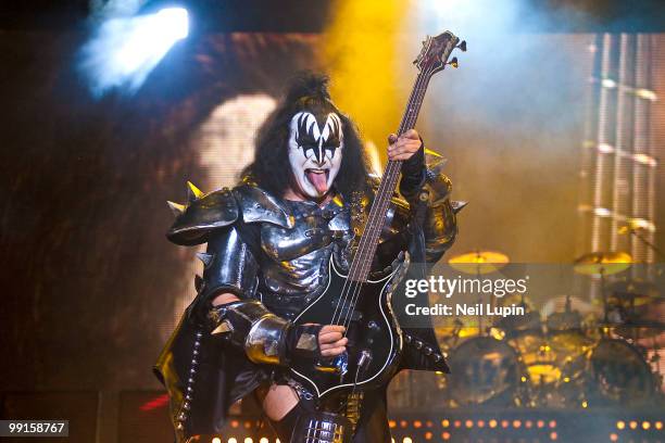 Gene Simmons of KISS performs during the Sonic Boom Over Europe tour at Wembley Arena on May 12, 2010 in London, England.