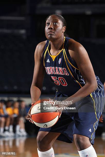 Jessica Davenport of the Indiana Fever shoots a free throw during the WNBA preseason game against the Chicago Sky on May 10, 2010 at the All-State...