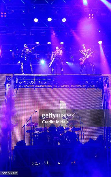 Gene Simmons, Paul Stanley and Tommy Thayer of KISS perform at the Wembley Arena on May 12, 2010 in London, England.