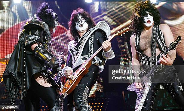 Gene Simmons, Tommy Thayer and Paul Stanley of KISS perform at the Wembley Arena on May 12, 2010 in London, England.