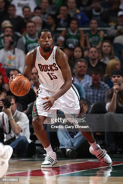 John Salmons of the Milwaukee Bucks moves the ball against the Boston Celtics during the game on April 10, 2010 at the Bradley Center in Milwaukee,...