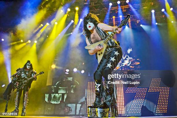 Gene Simmons and Paul Stanley of KISS perform during their Sonic Boom Over Europe tour at Wembley Arena on May 12, 2010 in London, England.