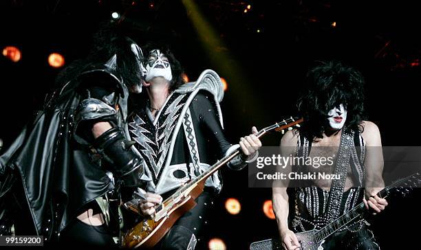 Gene Simmons, Tommy Thayer and Paul Stanley of Kiss perform at Wembley Arena on May 12, 2010 in London, England.
