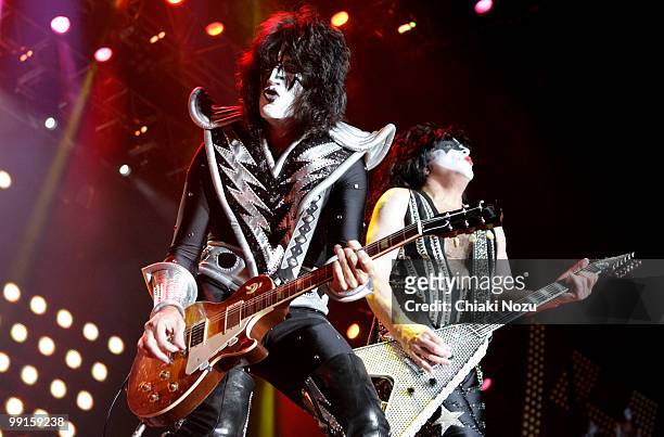 Tommy Thayer and Paul Stanley of Kiss perform at Wembley Arena on May 12, 2010 in London, England.