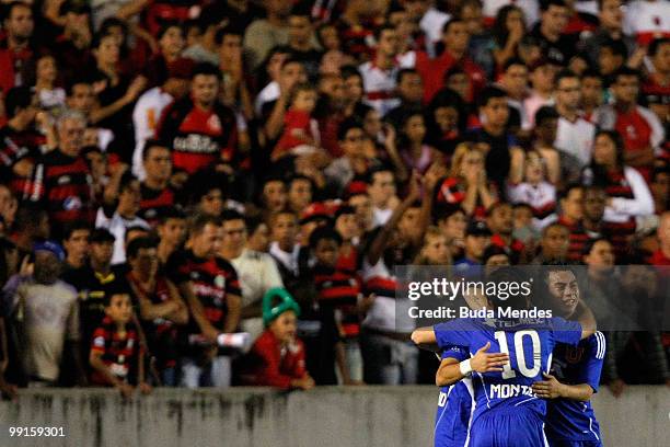 Players of Universidad de Chile celebrate a scored goal during a match against Flamengo as part of Libertadores Cup at Maracana Stadium on May 12,...