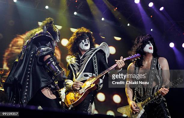 Gene Simmons, Tommy Thayer and Paul Stanley of Kiss perform at Wembley Arena on May 12, 2010 in London, England.