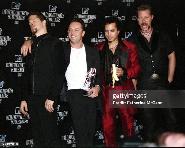 Metallica pose for a group photo at the 13th Annual MTV Video Music Awards on September 4, 1996 at Radio City Music Hall in New York City, New York.