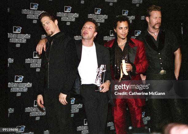 Metallica pose for a group photo at the 13th Annual MTV Video Music Awards on September 4, 1996 at Radio City Music Hall in New York City, New York.