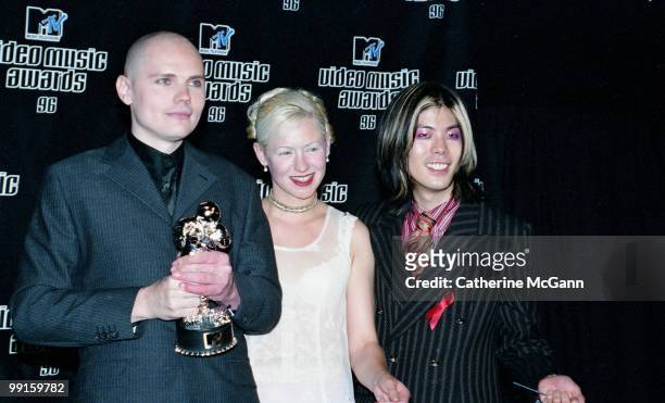 Smashing Pumpkins pose for a group photo at the 13th Annual MTV Video Music Awards on September 4, 1996 at Radio City Music Hall in New York City,...