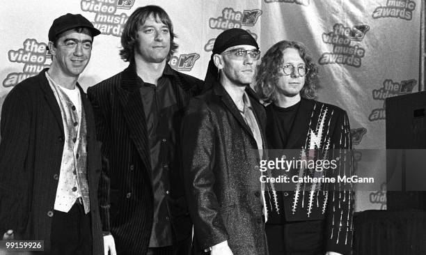 7th: REM Bill Berry, Peter Buck, Michael Stipe and Mike Mills pose for a group photo at the 12th Annual MTV Video Music Awards on September 7, 1995...