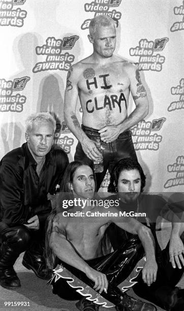 7th: Red Hot Chili Peppers, L-R Chad Smith, Anthony Kiedis, Dave Navarro and Flea pose for a group photo at the 12th Annual MTV Video Music Awards on...