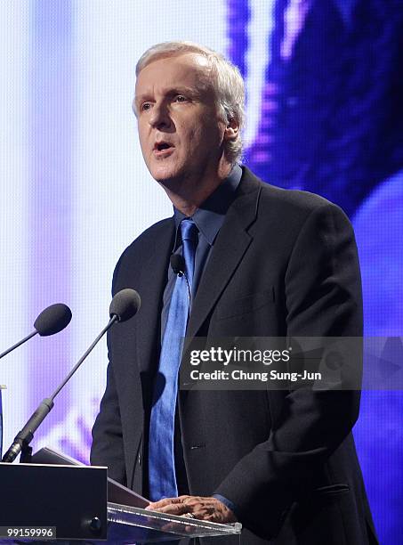 Film director James Cameron makes a key note speech during the "Seoul Digital Forum 2010" at Walkerhill hotel on May 13, 2010 in Seoul, South Korea....