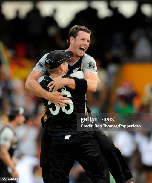 New Zealand bowler Ian Butler celebrates with Scott Styris after taking the wicket of Abdur Rehman of Pakistan to win the ICC World Twenty20 Super...