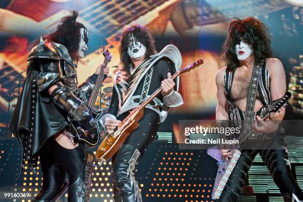 Gene Simmons, Tommy Thayer and Paul Stanley of KISS perform during their Sonic Boom Over Europe tour at Wembley Arena on May 12, 2010 in London,...