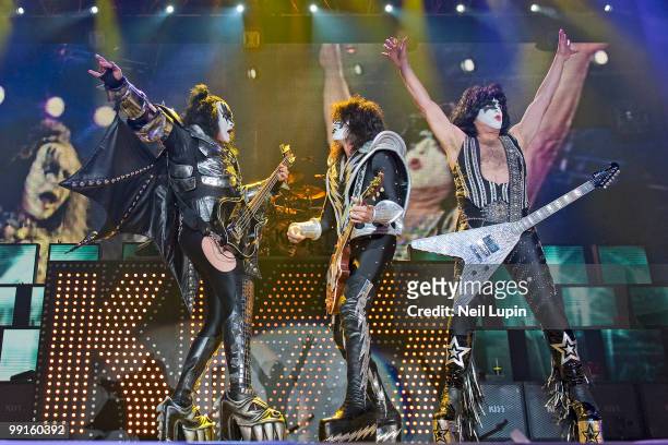 Gene Simmons, Tommy Thayer and Paul Stanley of KISS perform during their Sonic Boom Over Europe tour at Wembley Arena on May 12, 2010 in London,...