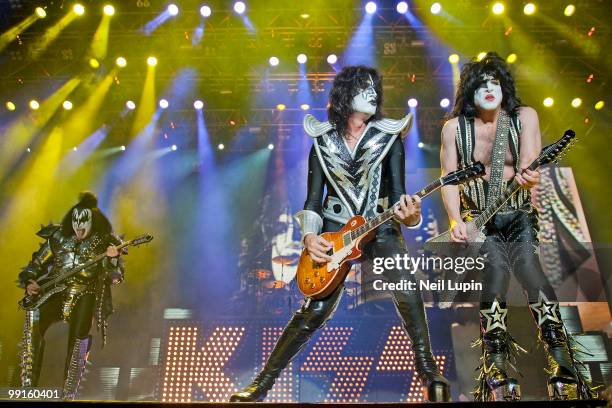 Gene Simmons, Tommy Thayer and Paul Stanley of KISS perform on stage during their Sonic Boom Over Europe tour at Wembley Arena on May 12, 2010 in...