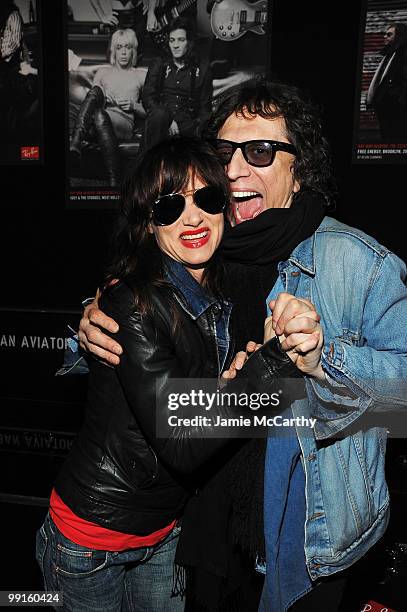 Actress/singer Juliette Lewis and photographer Mick Rock attend the Ray-Ban Aviator: The Essentials Event featuring Iggy Pop at Music Hall of...