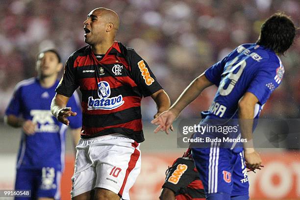 Adriano of Flamengo reacts during a match against Universidad de Chile as part of Libertadores Cup at Maracana Stadium on May 12, 2010 in Rio de...