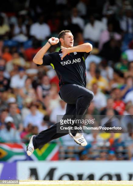 Tim Bresnan bowling for England during the ICC World Twenty20 Super Eight Match between England and South Africa played at the Kensington Oval on May...