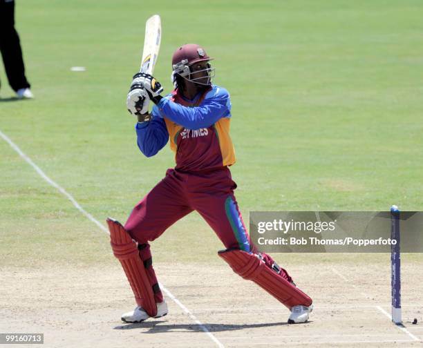 Chris Gayle batting for the West Indies during the ICC World Twenty20 Super Eight match between West Indies and India at the Kensington Oval on May...