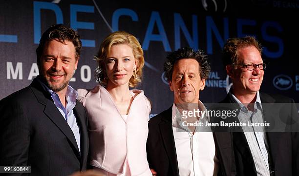 Russell Crowe, Cate Blanchett, Brian Grazer and Brian Helgeland attend the 'Robin Hood' Press Conference at the Palais des Festivals during the 63rd...