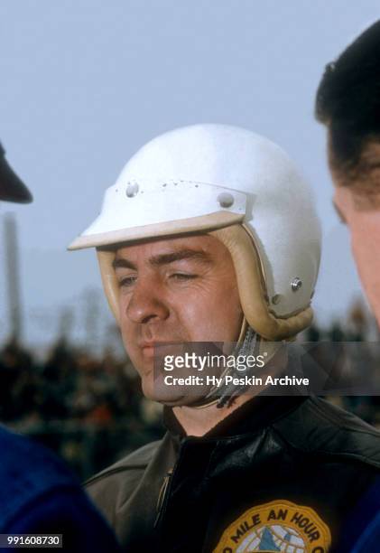 Driver Pat O'Connor poses for a portrait before the start of the USAC 100 mile championship race on March 30, 1958 in Trenton, New Jersey.