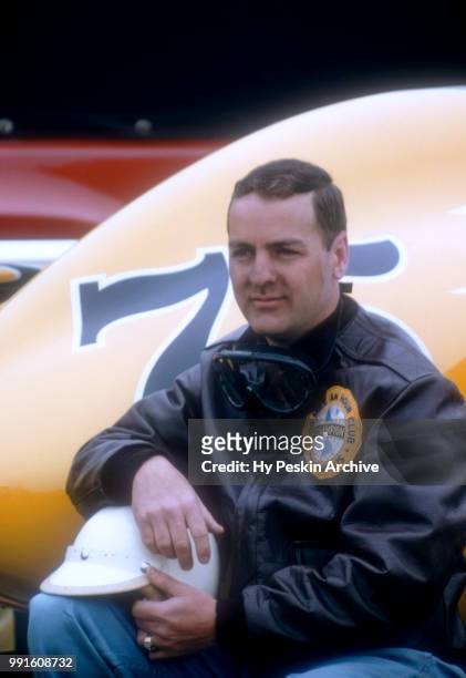 Driver Pat O'Connor poses for a portrait before the start of the USAC 100 mile championship race on March 30, 1958 in Trenton, New Jersey.