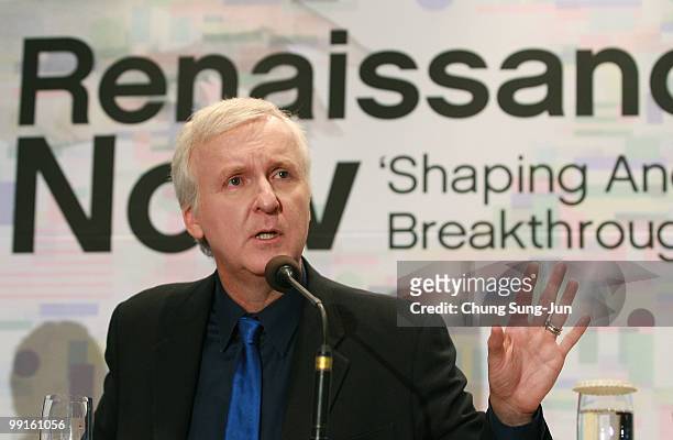Film director James Cameron makes a speech during the press conference after his key note of the "Seoul Digital Forum 2010" at Walkerhill hotel on...